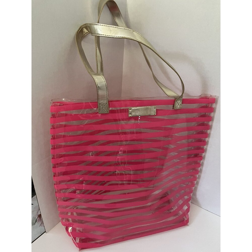Victorias Secret Pink Striped Beach Tote Bag With Gold Handles